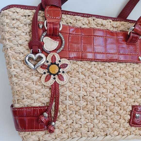 Brighton Bag Woven Natural Straw Red Croc Embossed Leather Floral Charm Dust Bag - Picture 4 of 14